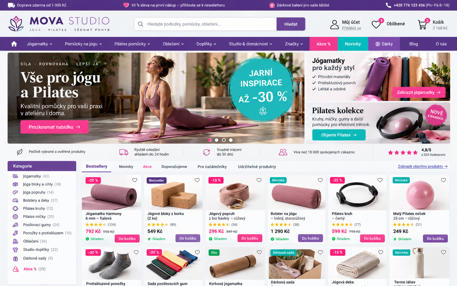 Modelový e-shop MOVA STUDIO před redesignem: husté promo bannery, mnoho barev a přeplněná nabídka